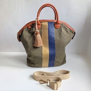 GILI Boho Olive Canvas Tote with Blue & Gold Stripes and Tassel